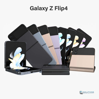 Samsung Galaxy Z Flip 4 lineup in Bora Purple, Graphite, Pink Gold, Blue, Yellow, Red, White, and Navy — unlocked flip phones for retail and wholesale in 128GB, 256GB, and 512GB