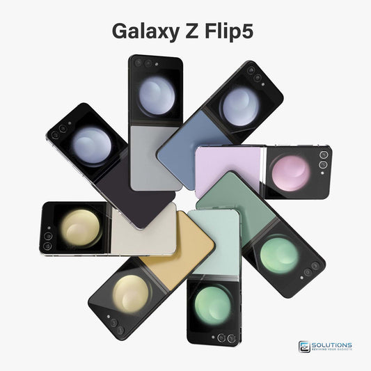 Samsung Galaxy Z Flip 5 lineup in Mint, Graphite, Lavender, Cream, Blue, Gray, Green, and Yellow — unlocked foldable smartphones for retail and wholesale with 256GB and 512GB storage