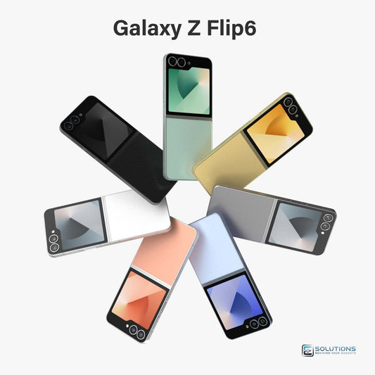 Samsung Galaxy Z Flip 6 lineup in Silver Shadow, Yellow, Blue, Mint, Crafted Black, and White — unlocked foldable phones for retail and wholesale in 256GB and 512GB