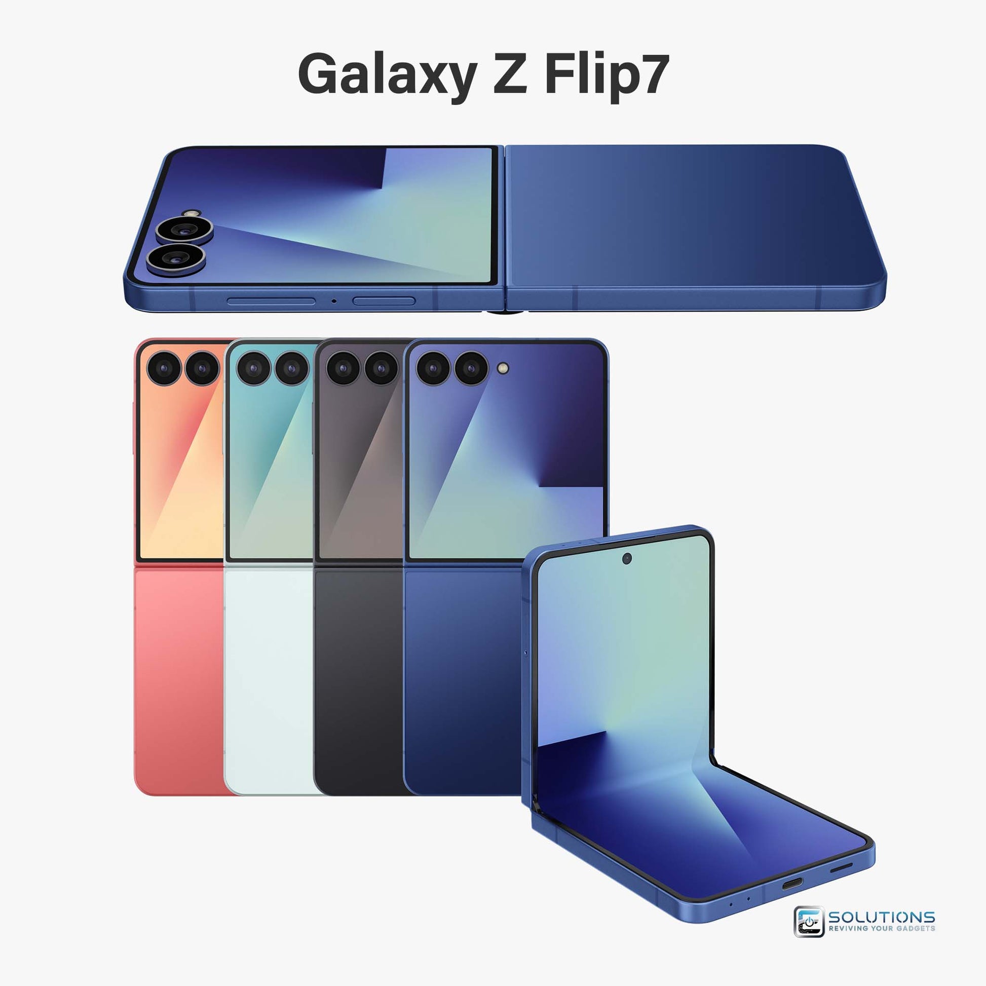 Samsung Galaxy Z Flip 7 lineup in Blue Shadow, Jet Black, Coral Red, and Mint — unlocked foldable smartphones for retail and wholesale with 256GB and 512GB storage