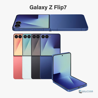 Samsung Galaxy Z Flip 7 lineup in Blue Shadow, Jet Black, Coral Red, and Mint — unlocked foldable smartphones for retail and wholesale with 256GB and 512GB storage