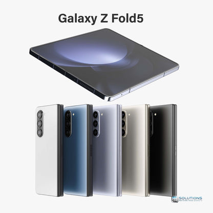 Samsung Galaxy Z Fold 5 lineup in Icy Blue, Phantom Black, Cream, Gray, and Blue — unlocked foldable phones available for retail and wholesale with 256GB, 512GB, and 1TB storage