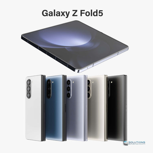 Samsung Galaxy Z Fold 5 lineup in Icy Blue, Phantom Black, Cream, Gray, and Blue — unlocked foldable phones available for retail and wholesale with 256GB, 512GB, and 1TB storage