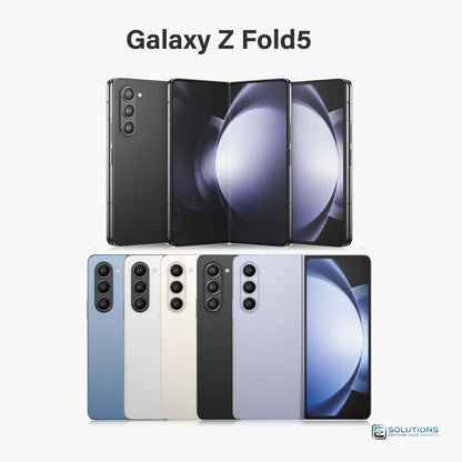 Samsung Galaxy Z Fold 5 lineup in Icy Blue, Phantom Black, Cream, Gray, and Blue — unlocked foldable phones available for retail and wholesale with 256GB, 512GB, and 1TB storage