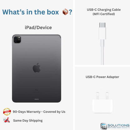 What's in the box: Apple iPad with USB-C charging cable (MFI certified) and USB-C power adapter. Included accessories for all iPad models. 